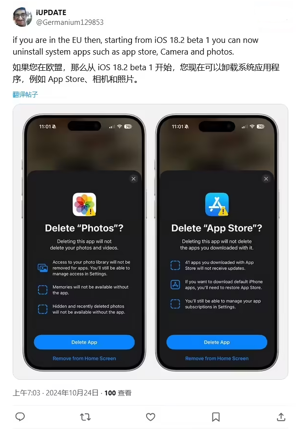 漾濞苹果手机维修分享iOS 18.2 支持删除 App Store 应用商店 