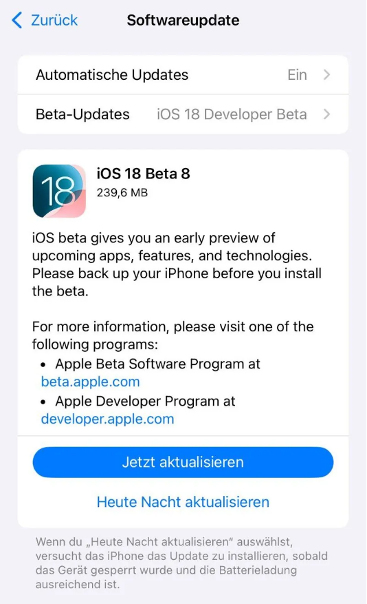 漾濞苹果手机维修分享苹果 iOS / iPadOS 18 开发者预览版 Beta 8 发布 